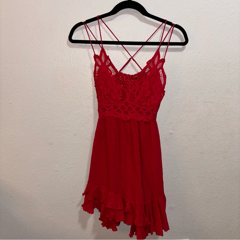 Free People Adella Slip Red Lace Mini Dress Adjustable Strap Flowy